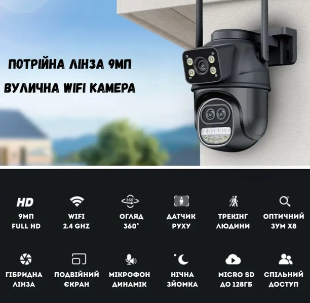 Вулична Wi-FI IP Камера відеоспостереження 9MP ICSEE поворотна бінокулярна з трьома об'єктивами 8Х зум TIP + Карта памʼяті microSD 64GB у подарунок  9MPICSEE_164 фото